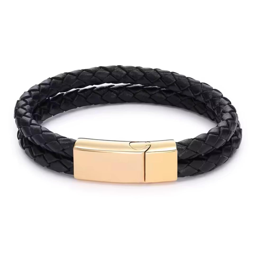 Black Double Braided Personalised Leather Bracelet with Gold Colour Clasp-Personalised Bracelet-Auswara