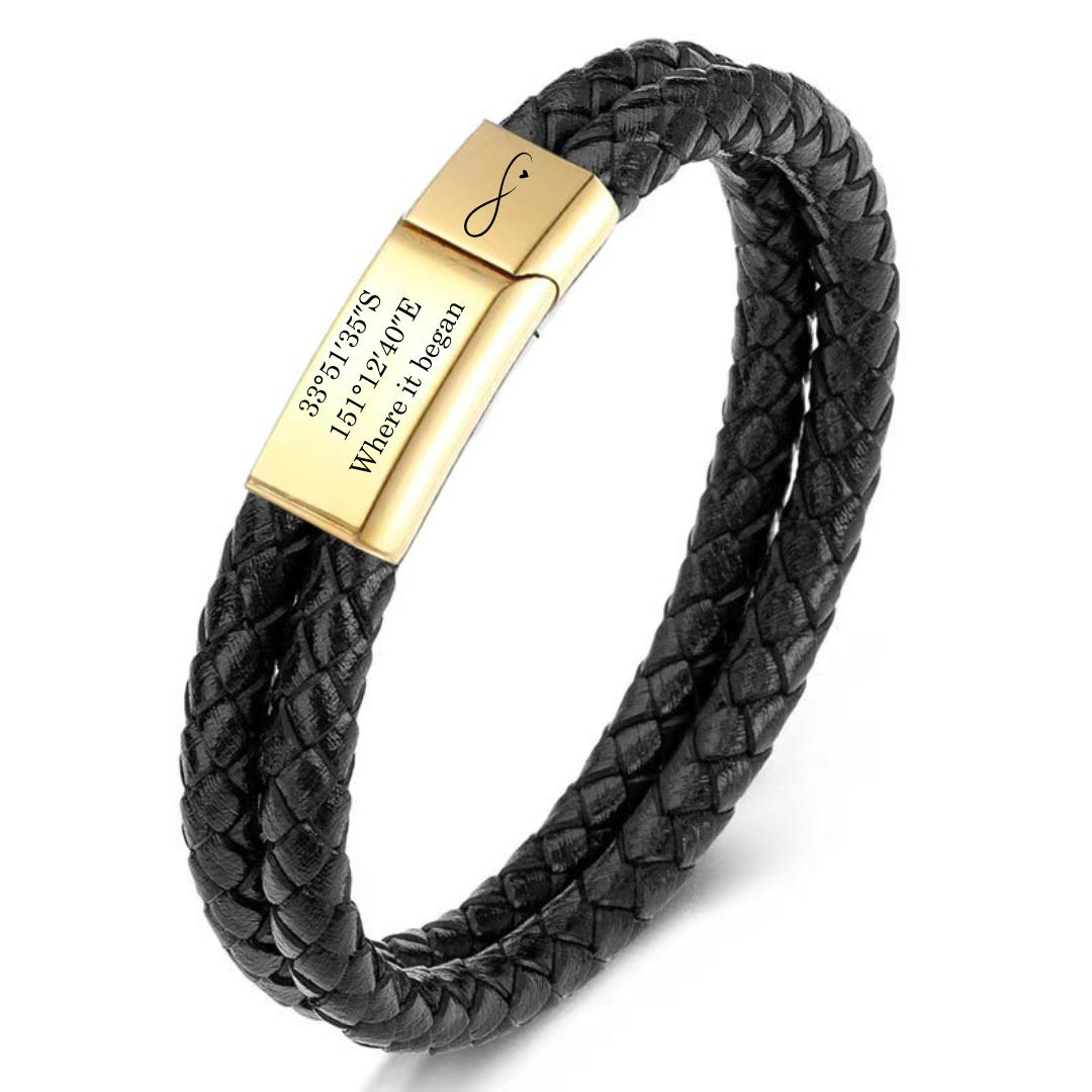 Black Double Braided Personalised Leather Bracelet with Gold Colour Clasp-Personalised Bracelet-Auswara