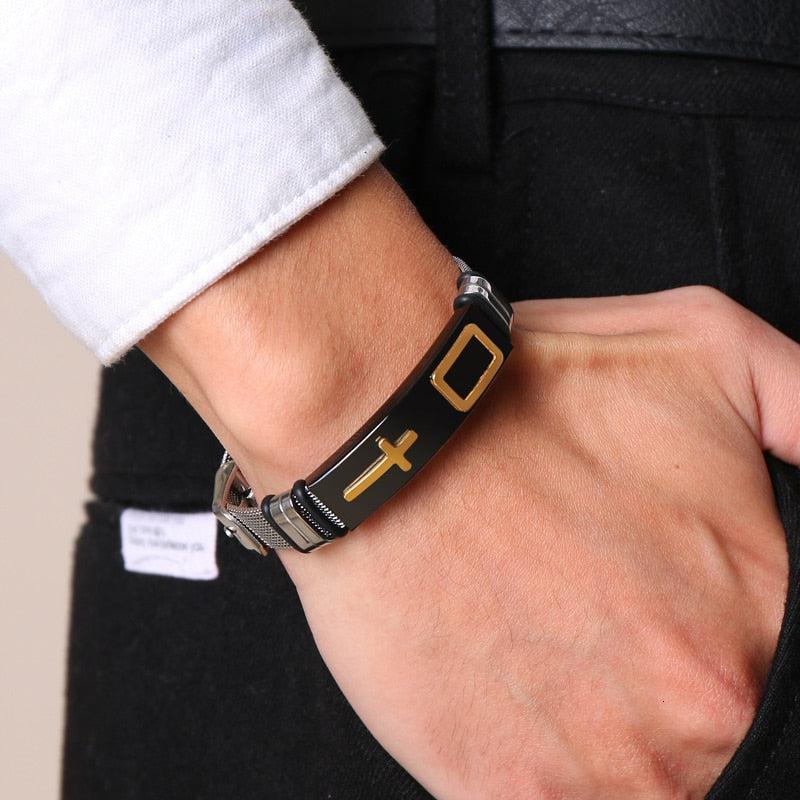 Black Gold Colour Cross Mesh Christian Bracelet-Cross Bracelet-Auswara
