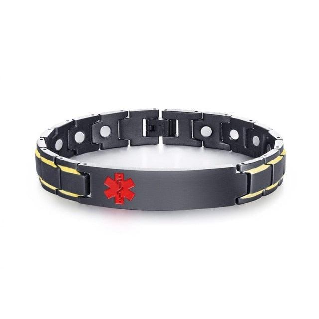 thumbnail image 2 of Free Engraving Medical Alert Bracelet – Black Genuine Leather Cuff With Magnetic Bangle 2 of 5