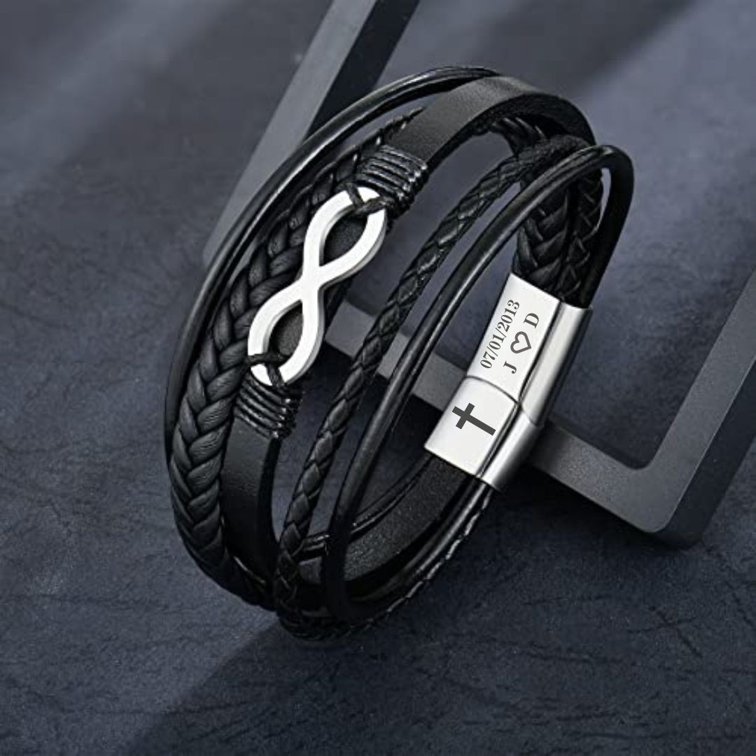 Black Infinity Leather Bracelet for Men – Custom Engraved Clasp-Personalised Bracelet-Auswara