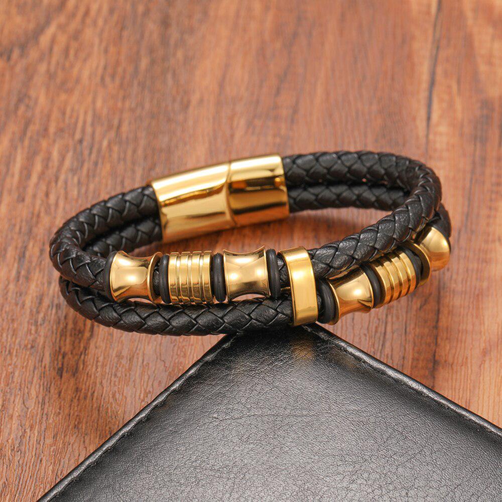 Black Leather Bracelet with Gold Colour Patterns-Leather Bracelet-Auswara