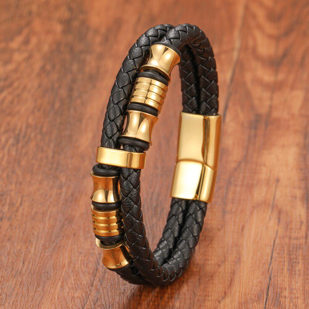 Black Leather Bracelet with Gold Colour Patterns-Leather Bracelet-Auswara
