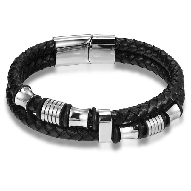 Black Leather Bracelet with Steel Patterns-Leather Bracelet-Auswara