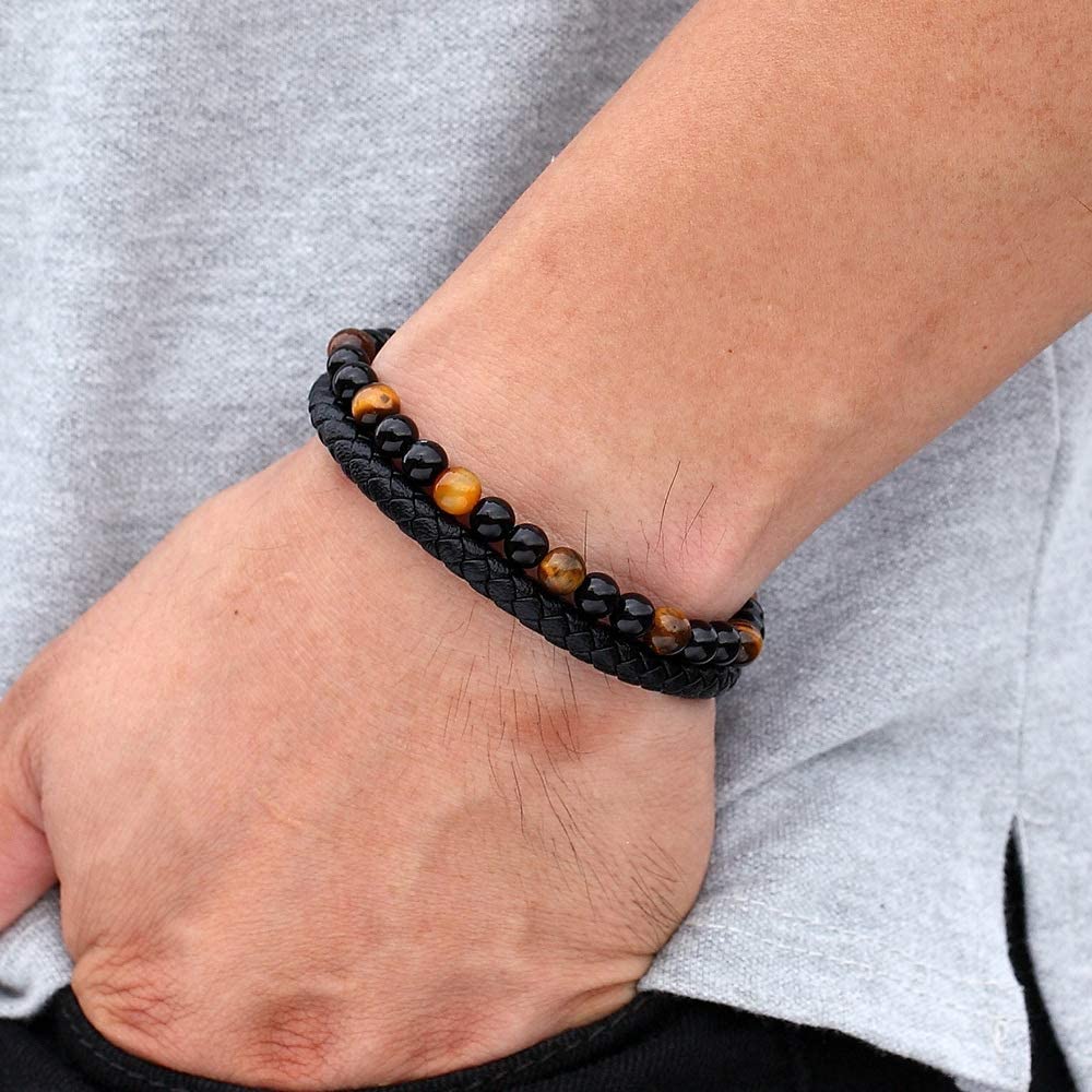 Black Leather & Classic Beads Personalised Bracelet-Personalised Bracelet-Auswara