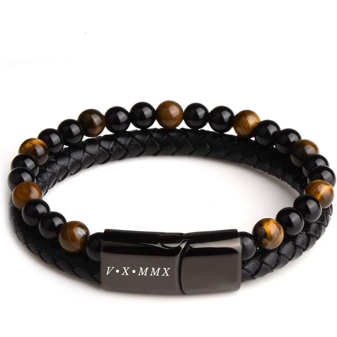 Black Leather & Classic Beads Personalised Bracelet-Personalised Bracelet-Auswara