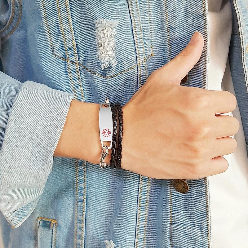 Black Leather Medical Alert ID Bracelet-Medical ID Bracelet-Auswara