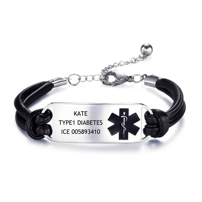 Black Leather Medical Alert ID Bracelet with Black Logo-Medical ID Bracelet-Auswara