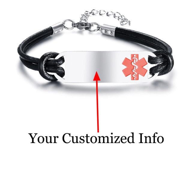 Black Leather Medical Alert ID Bracelet with Red Logo-Medical ID Bracelet-Auswara