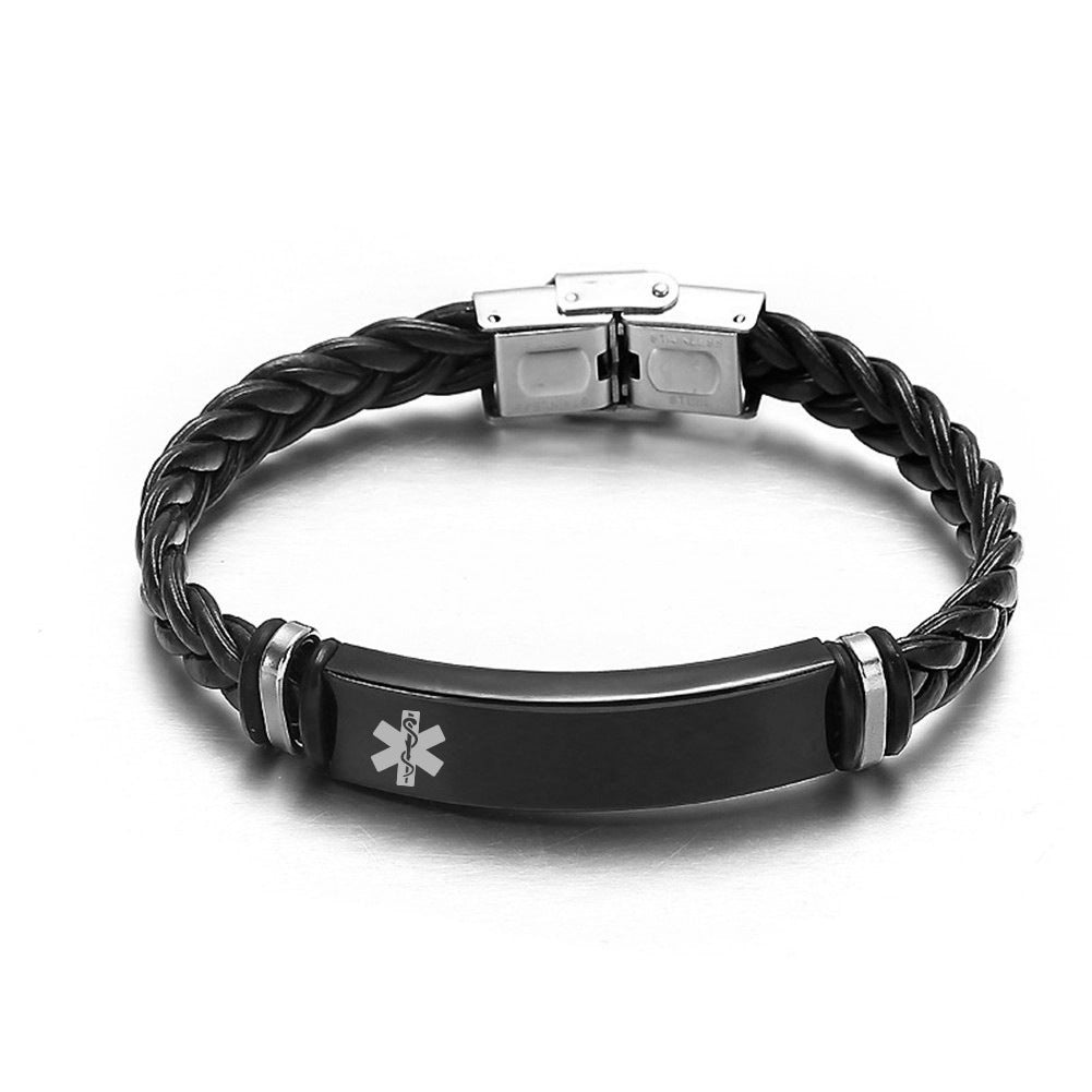 Black Leather Medical ID Bracelet with Black Bar-Medical ID Bracelet-Auswara