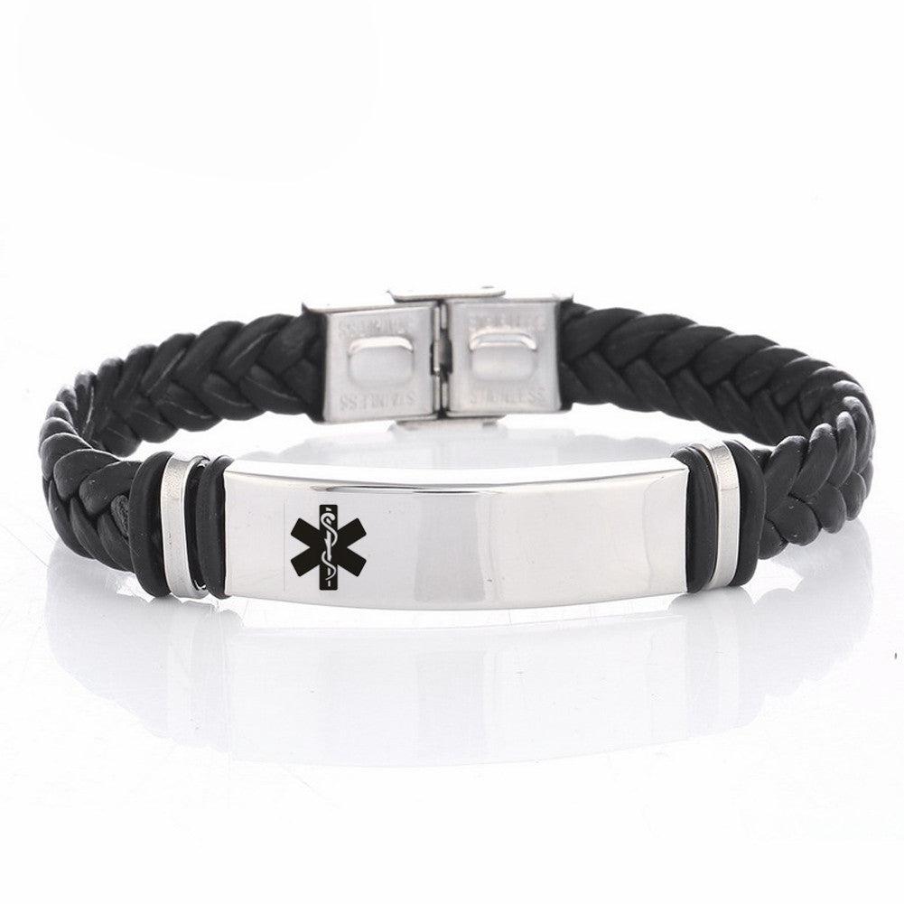 Black Leather Medical ID Bracelet with Silver Bar-Medical ID Bracelet-Auswara