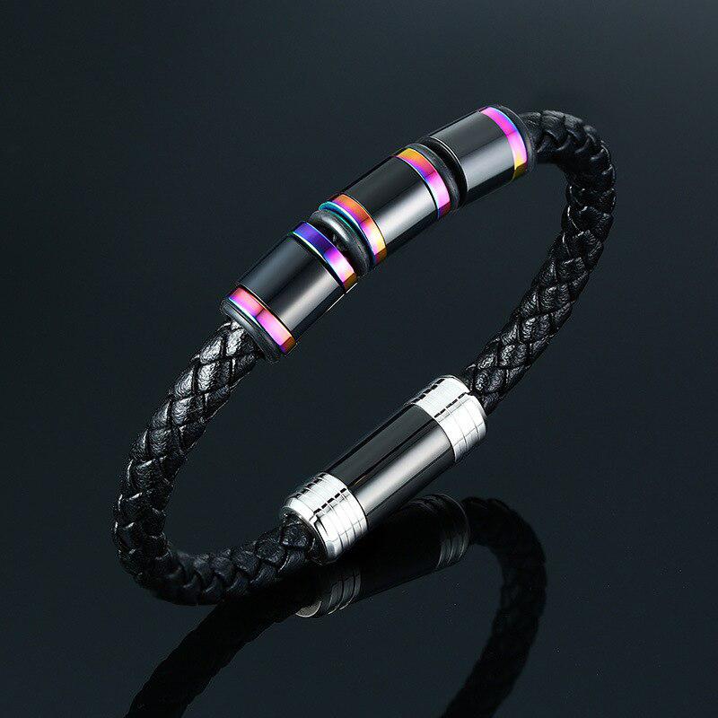 Black Leather Multi Coloured Beaded Bracelet-Leather Bracelet-Auswara