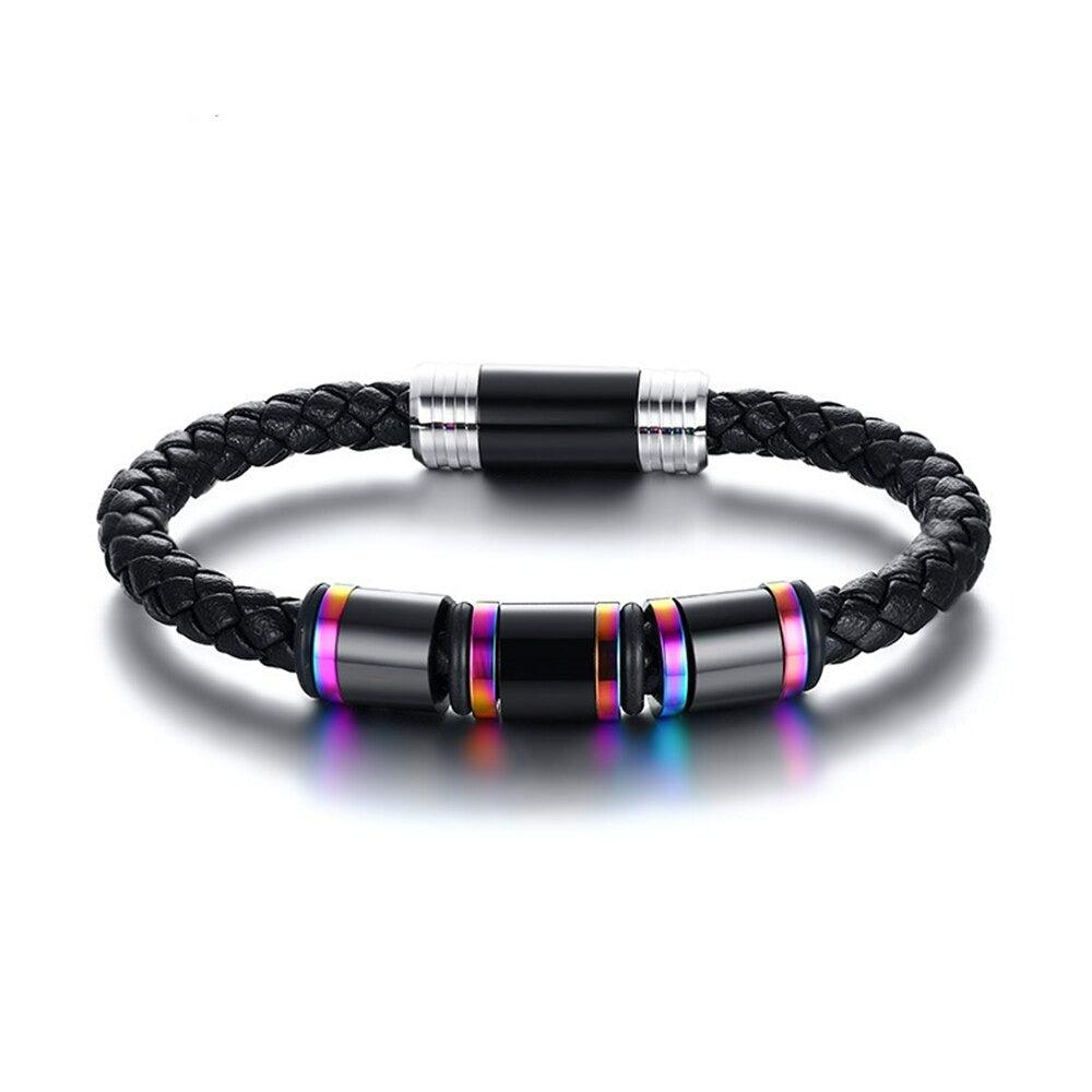 Black Leather Multi Coloured Beaded Bracelet-Leather Bracelet-Auswara