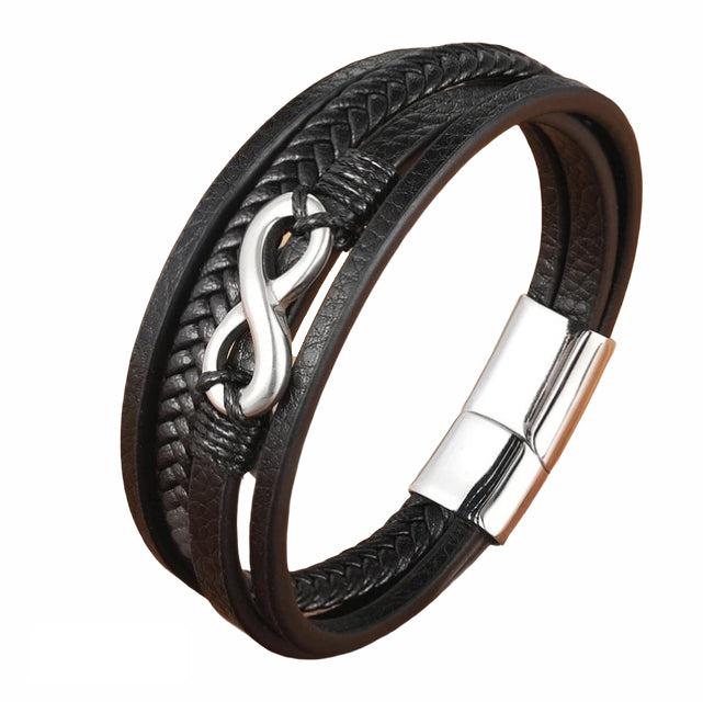 Black Leather Stainless Steel Infinity Bracelet-Leather Bracelet-Auswara