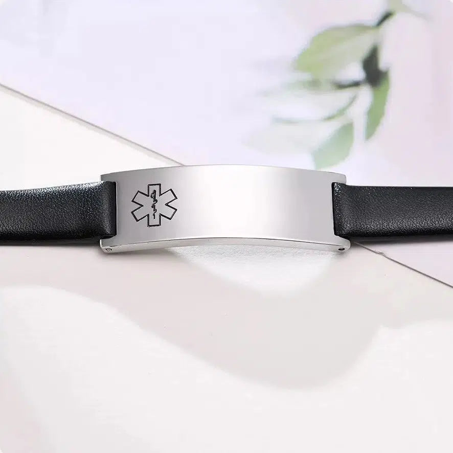 Black Leather Medical Alert Bracelet-Medical ID Bracelet-Auswara