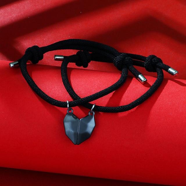 Black Rope Magnetic Heart Couples Bracelet Set-Couple Bracelet-Auswara