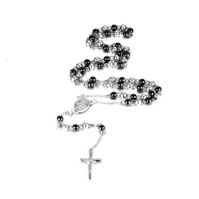 Black & Silver Coloured Beads with Cross Pendant Necklace-Cross Necklace-Auswara