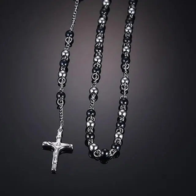 Black & Silver Coloured Beads with Cross Pendant Necklace-Cross Necklace-Auswara