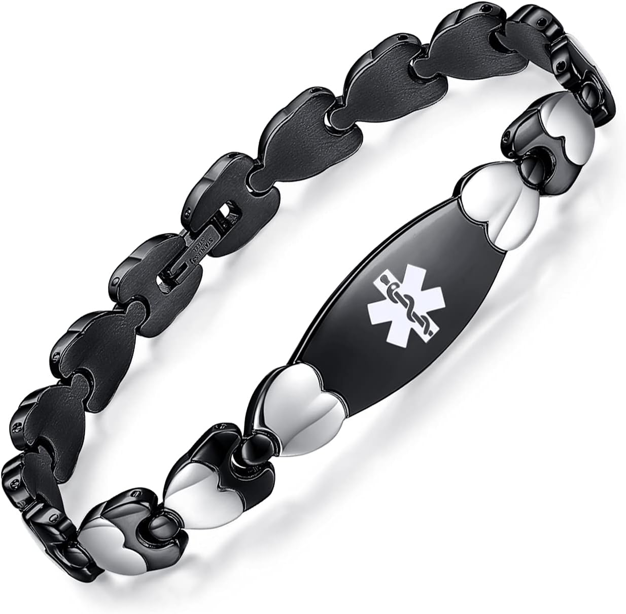 Black & Silver Heart-Link Medical ID Bracelet-Medical ID Bracelet-Auswara