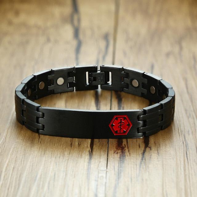 Black Stainless Steel Medical Alert ID Bracelet for Men - DA-Medical ID Bracelet-Auswara