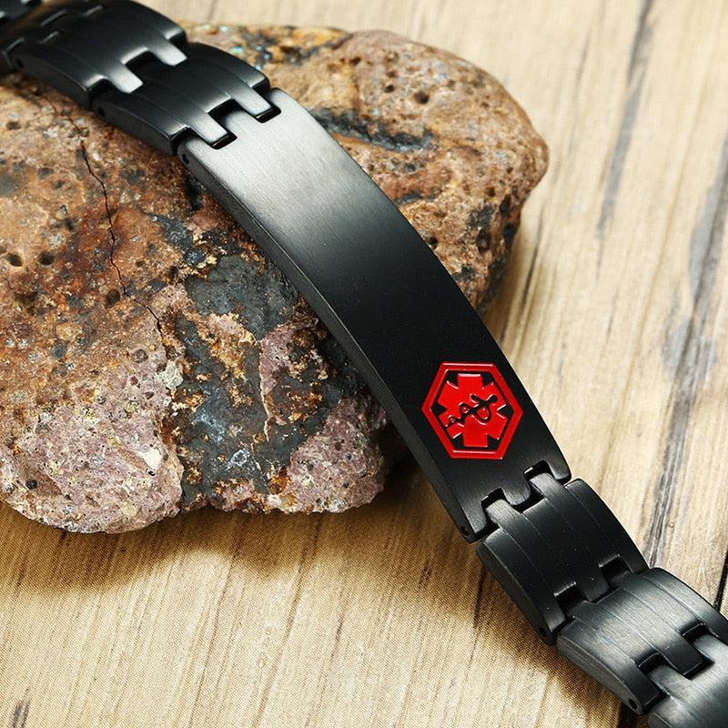 Black Stainless Steel Medical Alert ID Bracelet for Men - DA-Medical ID Bracelet-Auswara