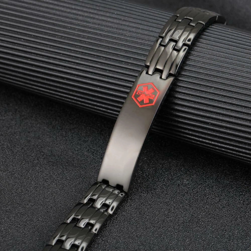 Black Stainless Steel Medical Alert ID Bracelet for Men