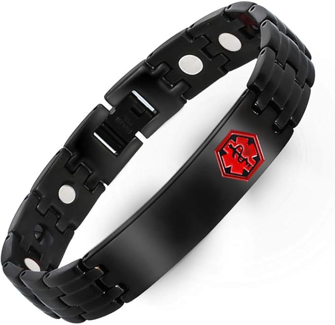 Black Stainless Steel Medical Alert ID Bracelet for Men