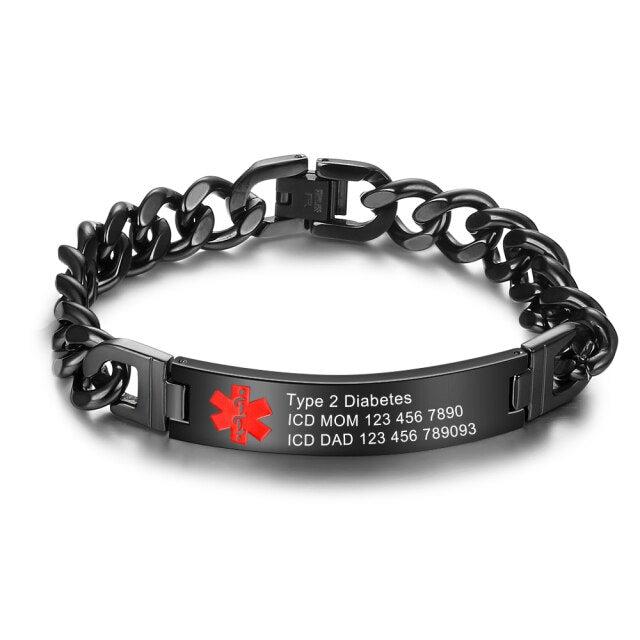 Black Stainless Steel Medical Alert ID Chain Bracelet-Medical ID Bracelet-Auswara