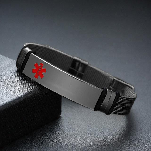 Personalised Black Mesh Medical Alert Bracelet - Red Logo