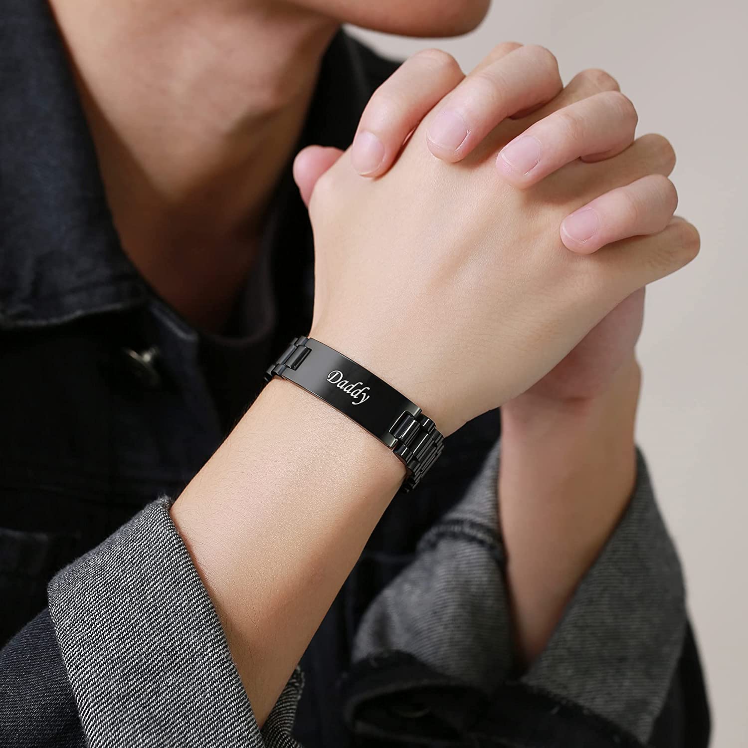 Black Stainless Steel Men s Bracelet with Engraving Auswara