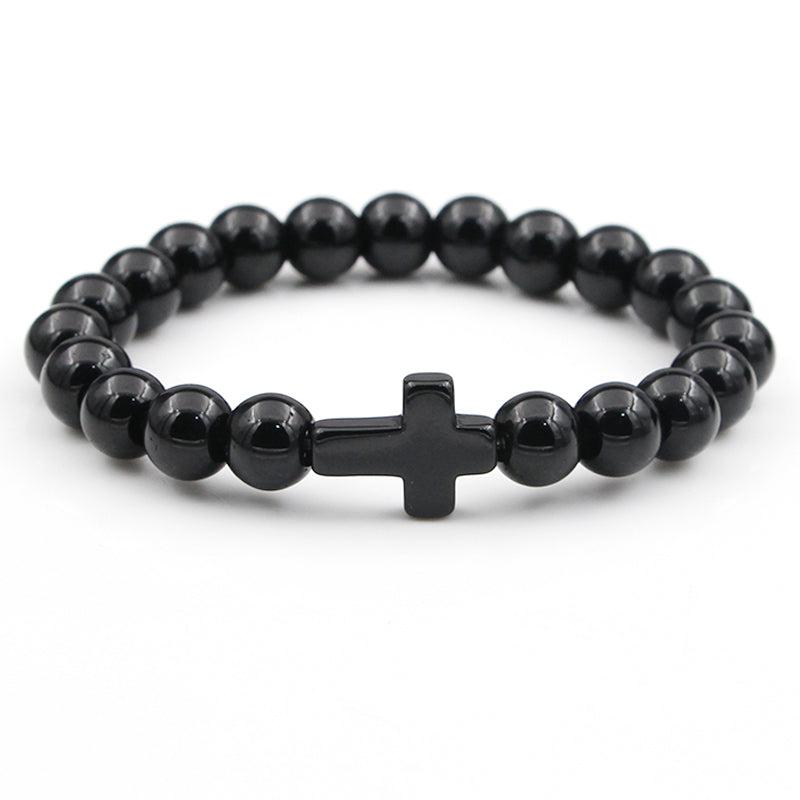Black Stone Bead Cross Christian Bracelet Auswara