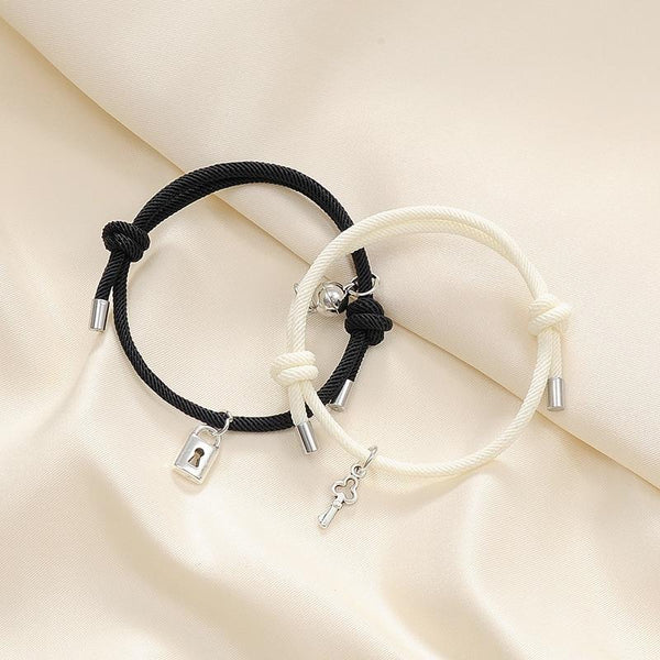 Black & White Rope Magnetic Heart Couples Bracelet Set - Auswara