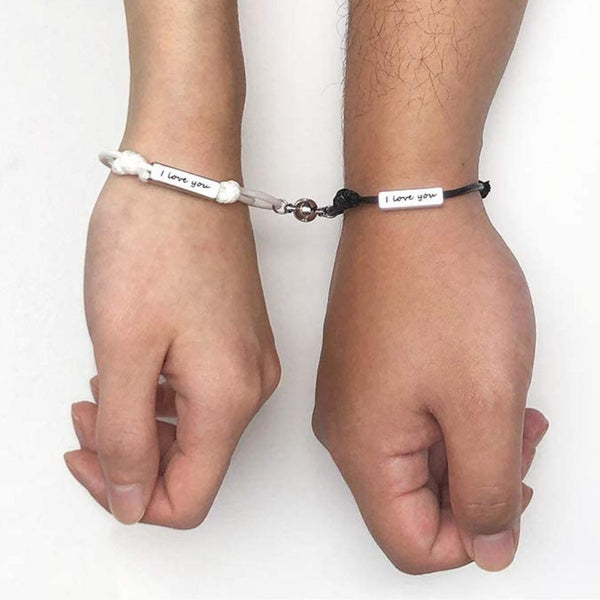 Black & White Rope Magnetic Heart Couples Bracelet Set - Auswara