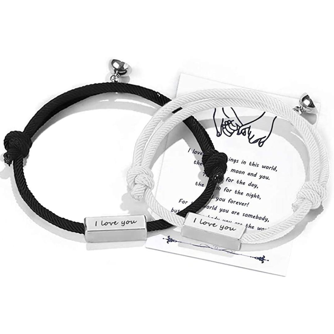 Black White Personalised Engraved Magnetic Couple Bracelet Set with Silver