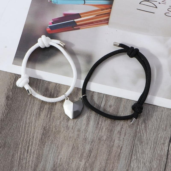 Black & White Rope Magnetic Heart Couples Bracelet Set - Auswara