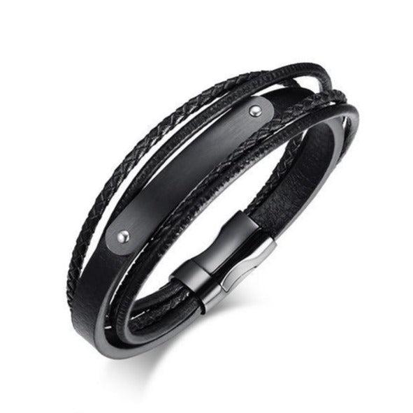 Black leather bracelet with engravable black bar-Personalised Bracelet-Auswara