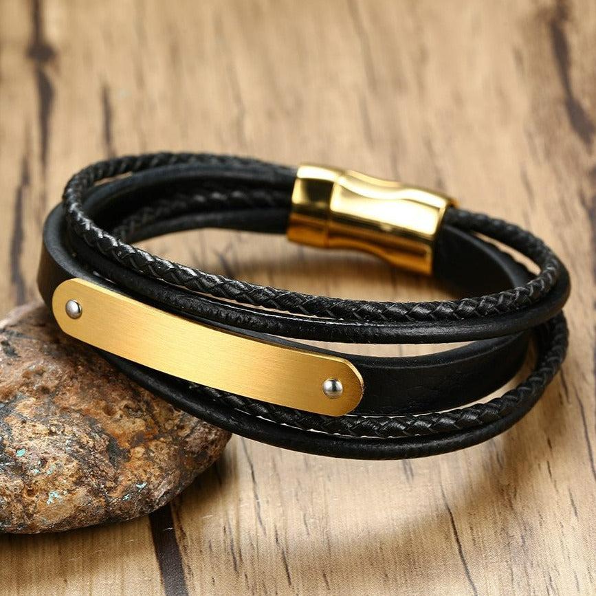 Black leather bracelet with engravable gold bar (OLD TEMPLATE)-Personalised Bracelet-Auswara