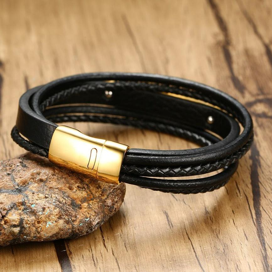 Black leather bracelet with engravable gold bar (OLD TEMPLATE)-Personalised Bracelet-Auswara