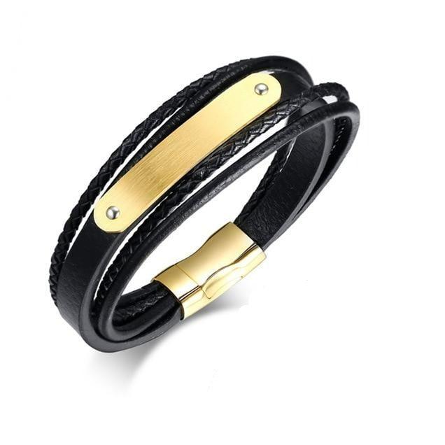 Black leather bracelet with engravable gold bar-Personalised Bracelet-Auswara