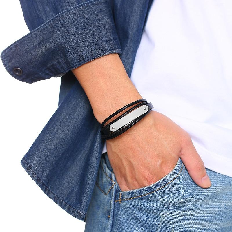 Black leather bracelet with engravable silver bar-Personalised Bracelet-Auswara