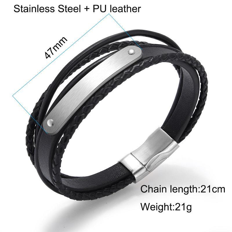 Black leather bracelet with engravable silver bar (OLD TEMPLATE)-Personalised Bracelet-Auswara