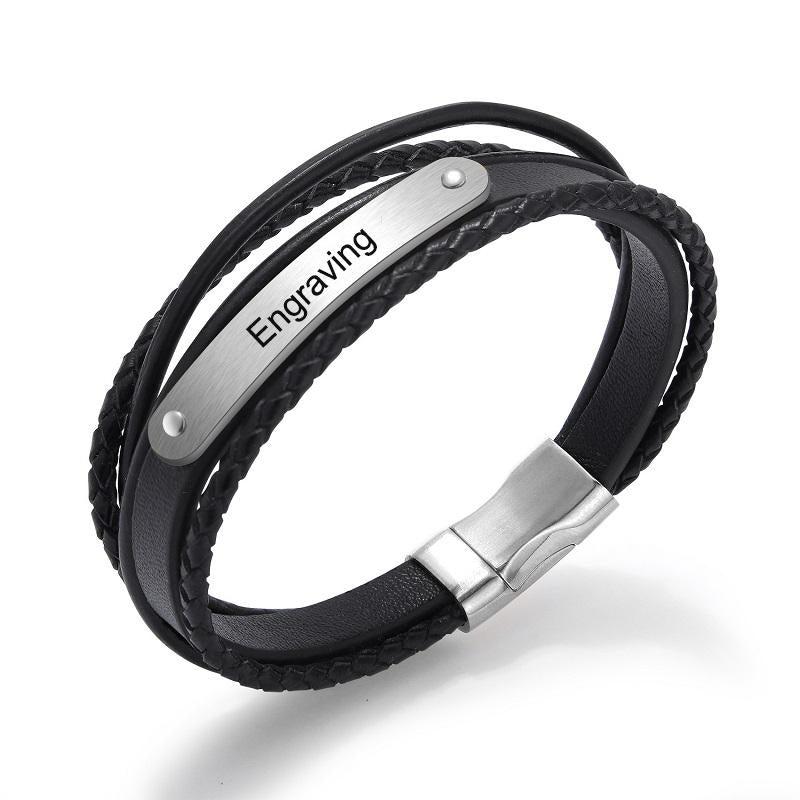 Black leather bracelet with engravable silver bar (OLD TEMPLATE)-Personalised Bracelet-Auswara