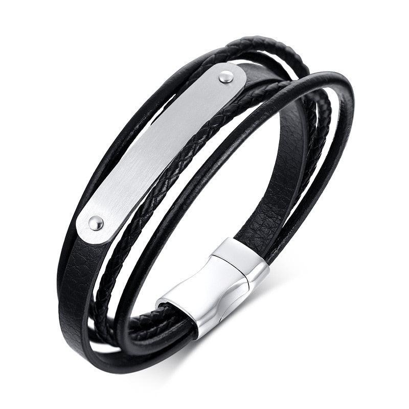 Black leather bracelet with engravable silver bar-Personalised Bracelet-Auswara