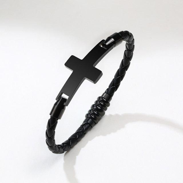 Braided Leather Black Cross Charm Christian Bracelet-Cross Bracelet-Auswara