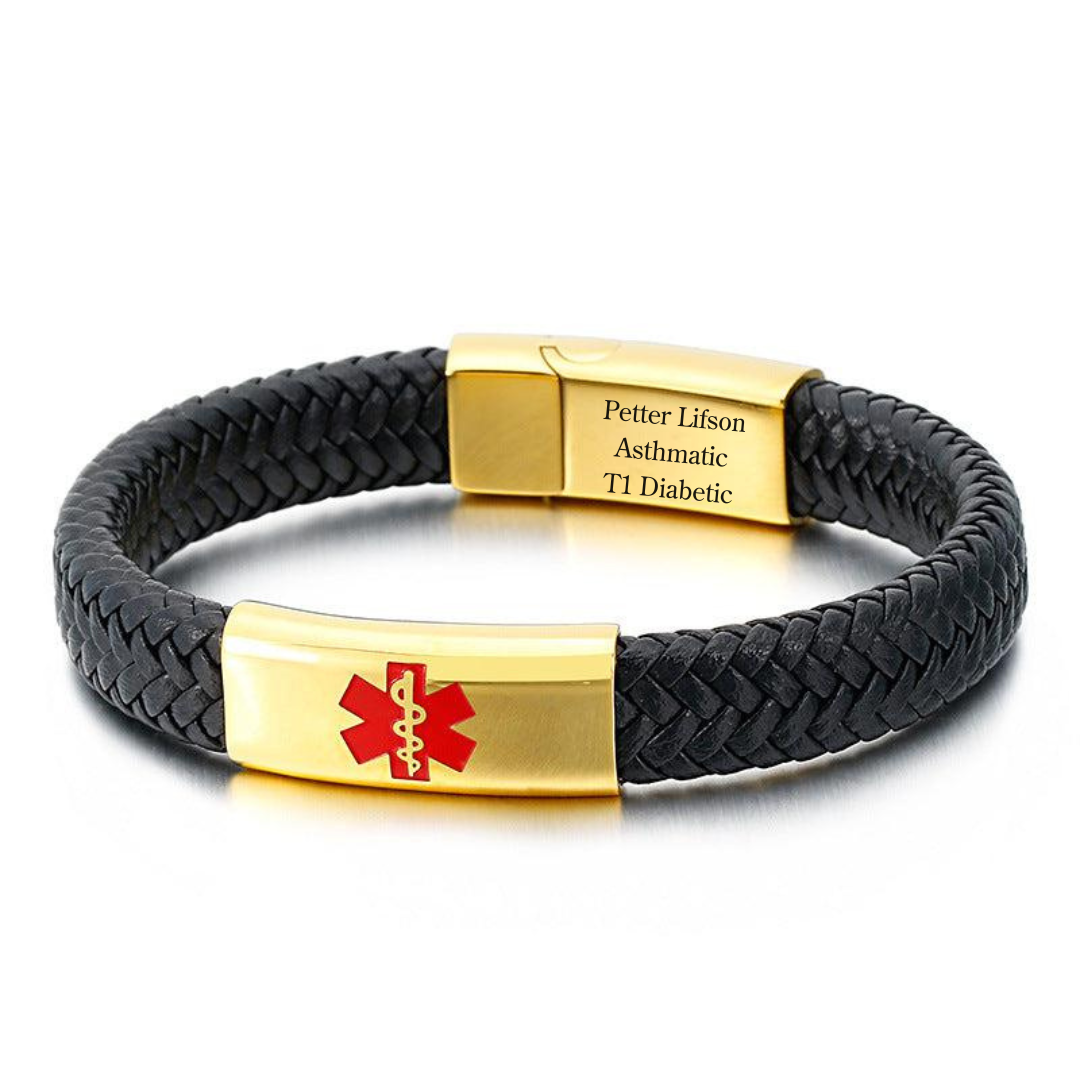 Premium Leather Medical Alert Bracelet - Gold Edition
