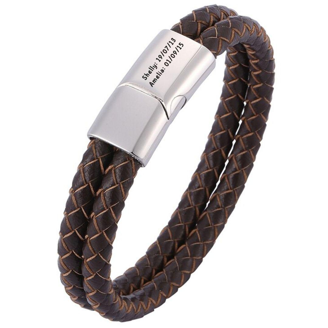 Brown Double Braided Personalised Leather Bracelet-Personalised Bracelet-Auswara