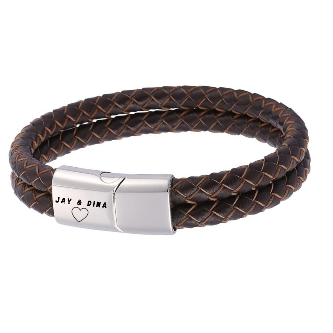 Brown Double Braided Personalised Leather Bracelet-Personalised Bracelet-Auswara