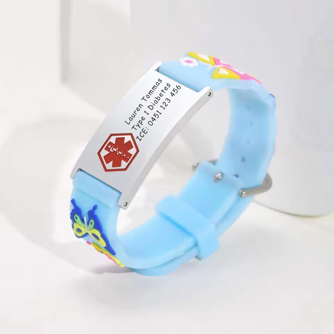Butterfly Blue Silicone Kids Medical Alert Bracelet-Kids Medical Alert Bracelet-Auswara