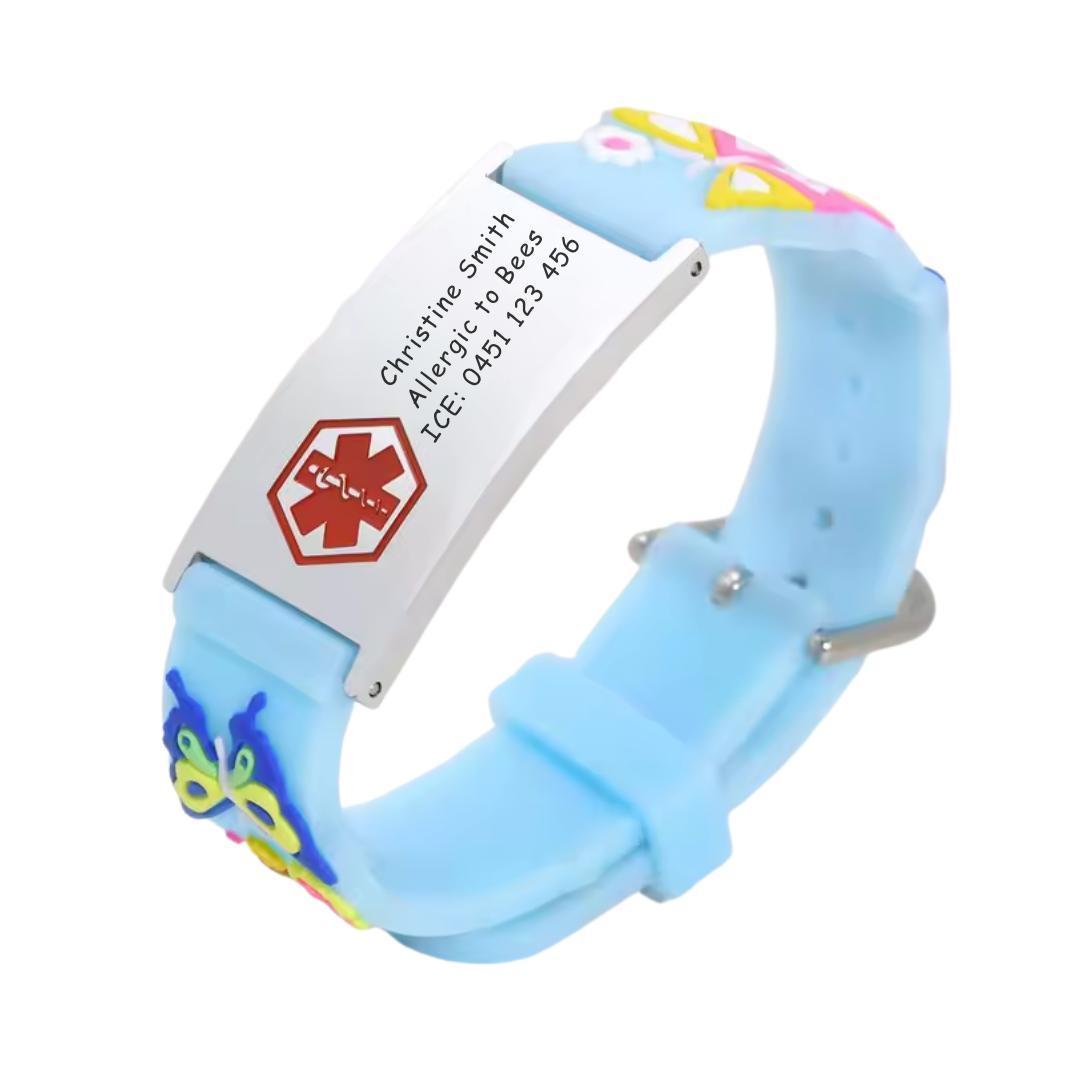 Butterfly Blue Silicone Kids Medical Alert Bracelet-Kids Medical Alert Bracelet-Auswara