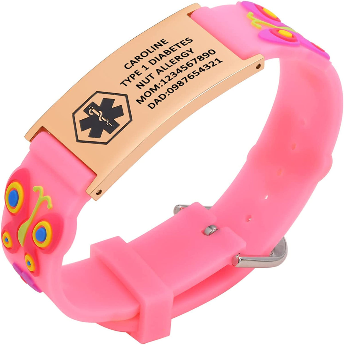 Butterfly Pink Silicone Medical Alert Bracelet with Rose Gold Bar-Medical ID Bracelet-Auswara